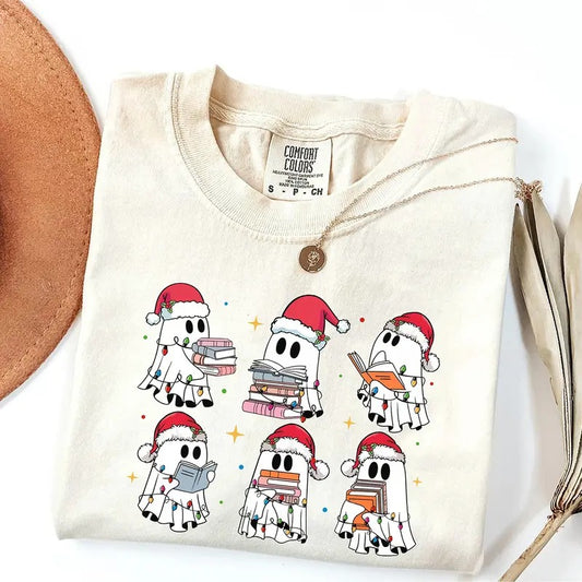 Christmas Book Ghost Comfort Colors Shirt, Xmas Book Ghost Shirt, Book Lover Gift, Book Club Gift, Halloween Book Shirt, Holiday Gift Shirt