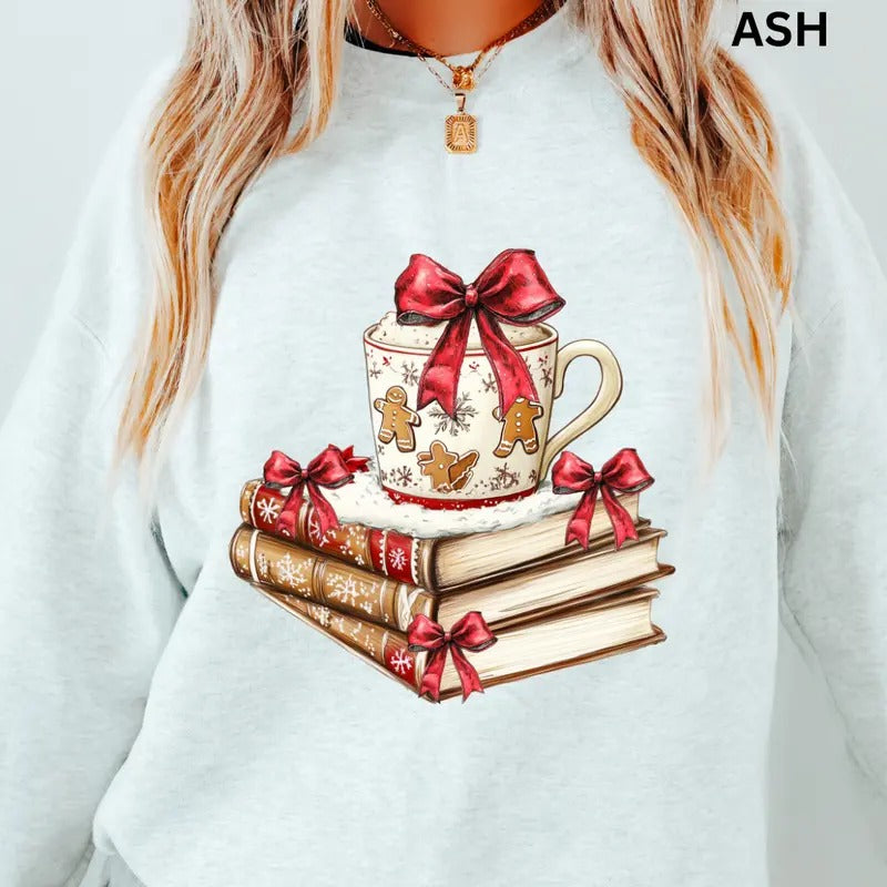 Christmas Books and Coffee Sweatshirt Christmas Winter Graphic  Casual Cotton Polyester Oversized sweatshirt - Comfort Crewneck Womenswear