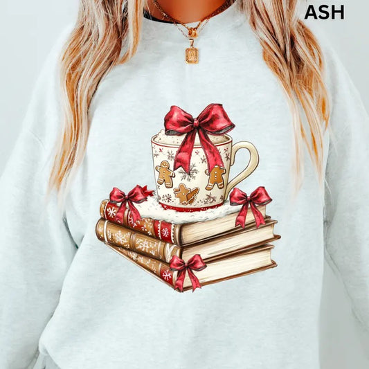 Christmas Books and Coffee Sweatshirt Christmas Winter Graphic  Casual Cotton Polyester Oversized sweatshirt - Comfort Crewneck Womenswear