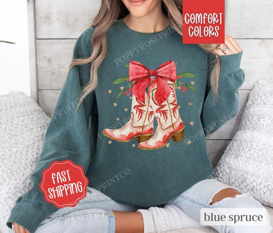 Christmas Boots Comfort Colors Sweatshirt,  Cowgirl Christmas Sweater Womenswear,  Holiday Crewneck
