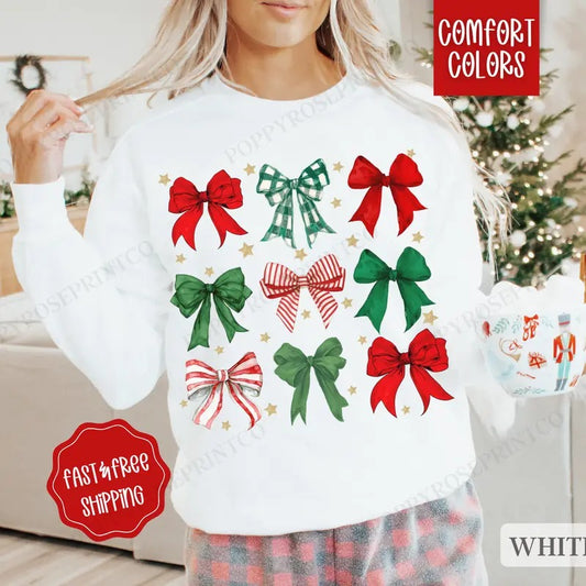 Christmas Bow Comfort Colors Sweatshirt, Christmas Sweater Womenswear, Holiday Crewneck retro christmas
