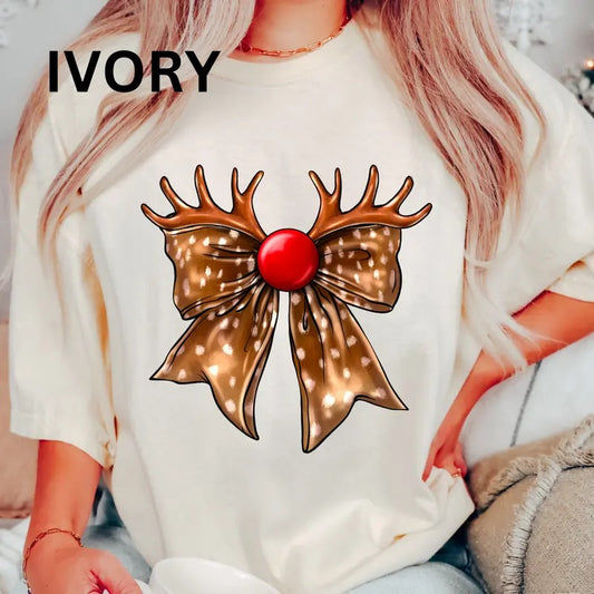 Christmas Bow Coquette Shirt, Rudolph The Reindeer Bow, Comfort Colors Christmas Graphic Shirt, Cotton Unisex Top