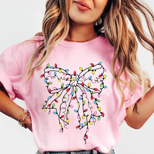 Christmas Bow Shirt, Christmas Lights Bow 2 Shirt, (COMFORT COLORS T-SHIRT, CASUAL SHIRT UNISEX, CHRISTMAS CLOTHING, GRAPHIC APPAREL, HOLIDAY SHIRT) Cotton Fabric Womenswear Top Printed Oversized Women