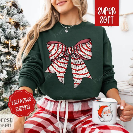Christmas Bow Sweatshirt, Christmas Sweater, Women's Holiday Crewneck retro christmas