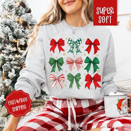 Christmas Bow Sweatshirt, Coquette Christmas Sweater, Women's Holiday Crewneck retro christmas