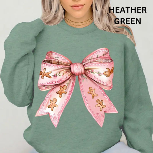 Christmas Bow, Gingerbread Coquette Bow Crewneck, Christmas Bow Sweatshirt, Holiday Christmas Sweatshirt, Winter Season Graphic, Casual Cotton Crewneck, Polyester, Oversized
