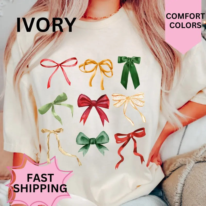 Christmas Bows Shirt, Holiday Bows, christmas shirt Women's Oversized Christmas Shirt - Festive Printed Design - Cotton, Comfortable