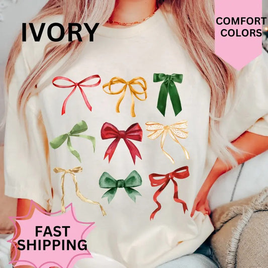 Christmas Bows Shirt, Holiday Bows, christmas shirt Women's Oversized Christmas Shirt - Festive Printed Design - Cotton, Comfortable