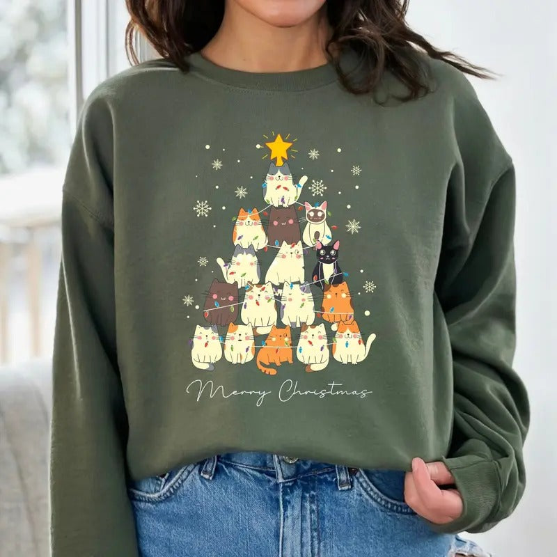Christmas Cat Tree Sweatshirt for Cat Lovers - Unisex Cotton Sweatshirt - Fabric Crewneck Fit