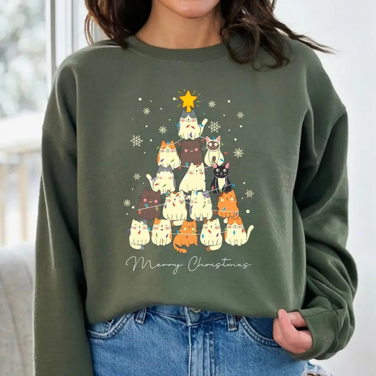 Christmas Cat Tree Sweatshirt for Cat Lovers - Unisex Cotton Sweatshirt - Fabric Crewneck Fit