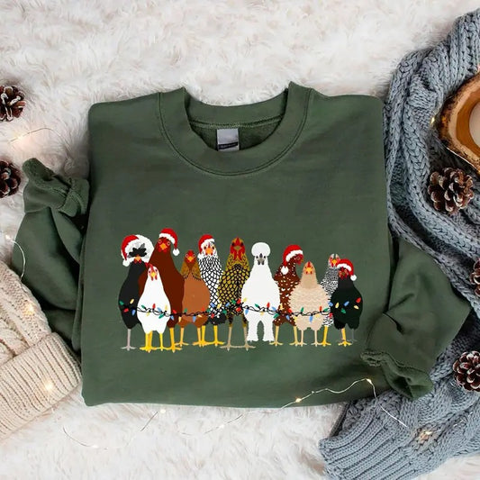Christmas Chickens Sweatshirt, Cute Chicken Farm Hoodie, Animals Holiday Shirt, Chicken Santa Hat Sweatshirt, Vintage Christmas Farm Shirt, Farmer Holidays Crewneck