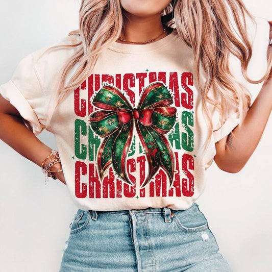 Christmas Coquette Bow Shirt, Christmas Season Sweatshirt, Christmas girly Unisex Crewneck Sweatshirt & T-shirt - Cotton Fabric - Fit, Womenswear Top Fitted