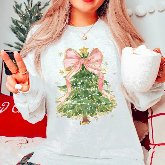Christmas Coquette Bow Sweatshirt, Christmas Tree Bow Shirt, Girly Christmas Sweatshirt, Cute Winter Crewneck, Retro Santa Shirt, Merry Christmas Sweater, Coquette Christmas Shirt