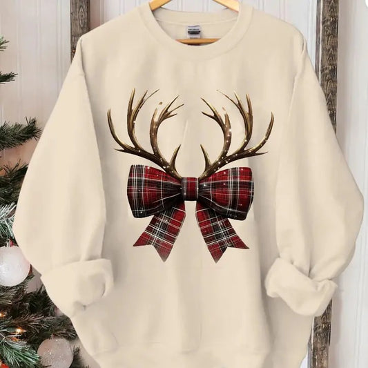 Christmas Coquette Bow Sweatshirt, Coquette Christmas, Reindeer Bow Shirt, Christmas Santa Clothing - Unisex Loose Fit Pullover Shirt - Fabric