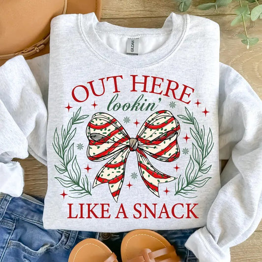 Christmas Coquette Bow, Out Here Lookin Like a Snack, Christmas Cake, Holiday Vibes, Retro Christmas,  Retro Christmas Shirt, Winter Shirts, Womens Christmas,  Christmas T- Shirt, Christmas Clothes, Christmas Vibes, Christmas Season