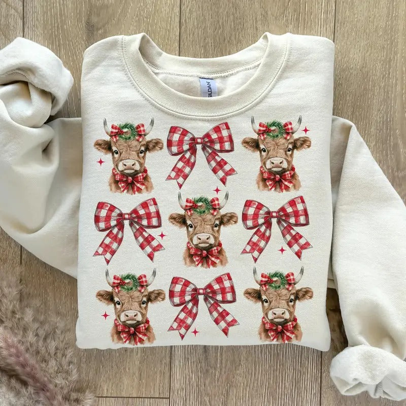 Christmas Coquette Highland Cow Shirt, Western Merry Xmas T-Shirt, Aesthetic Christmas Sweatshirt, Highland Cow Holiday Clothing, Unisex Classic Cotton