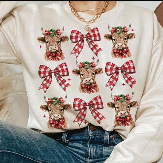 Christmas Coquette Highland Cow Sweatshirt, Western Christmas Shirt, Unisex Crewneck Sweatshirt & Shirt Cotton Fabric