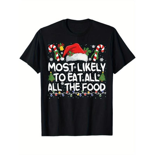 Christmas Cotton T-Shirt, Festive Print Crew Neck Casual Tee, Short Sleeve, Slight Stretch, All-Season Comfort, Holiday Gift for Men Made in USA