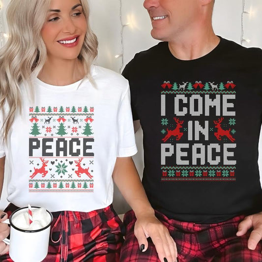 Christmas Couple Matching Ugly T-shirt, I Come In Peace Shirt, I'm Peace Tshirt, Adult Humor Tees, Funny Holiday Party Outfit, Casual Printed Clothing