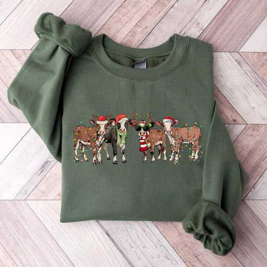 Christmas Cow Sweatshirt for Unisex, Cute Farm Christmas Shirt, Unisex Cotton Fabric Classic Crewneck
