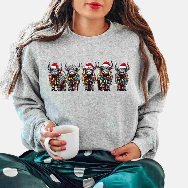 Christmas Cows Sweatshirt, Cow Lights Sweater, Cow Women Sweatshirt, Unisex Crewneck Sweatshirt & Shirt Cotton Fabric