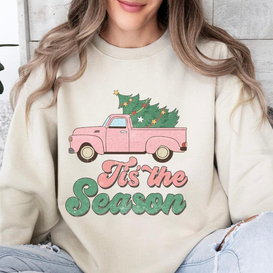 Christmas Crewneck, Pink Christmas Truck, Tis the Season Christmas Truck Sweatshirt, Winter Season Graphic, Casual Cotton Crewneck, Polyester, Oversized