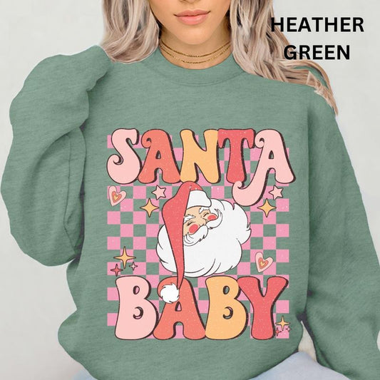 Christmas Crewneck, Santa Baby Retro Pink Checkered Sweatshirt, Christmas Sweatshirt, Winter Season Graphic, Casual Cotton Crewneck, Polyester, Oversized