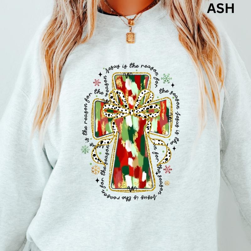 Christmas Cross Crewneck, Christmas Winter Sweatshirt, Merry Christmas Sweatshirt, Christmas Sweatshirt, Winter Season Graphic, Casual Cotton Crewneck, Polyester, Oversized