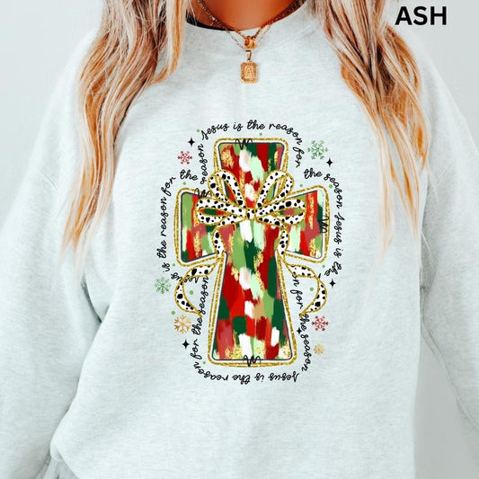 Christmas Cross Crewneck, Christmas Winter Sweatshirt, Merry Christmas Sweatshirt, Christmas Sweatshirt, Winter Season Graphic, Casual Cotton Crewneck, Polyester, Oversized