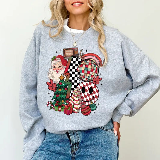 Christmas Doodles Graphic Sweatshirt, Girly Christmas Crewneck for Women, Santa Claus Christmas Tree Sweater, Checkered Smile Face Sweatshirt, Vintage Holiday Tops, 2024 Christmas Gift, Comfy Long Sleeve Pullover, Cotton Women's Tops, Casual Womenswear
