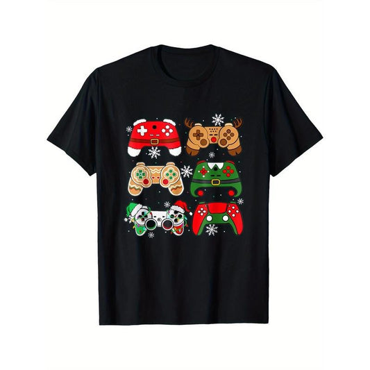 Christmas Gamer T-Shirt - Soft, Breathable, Comfortable Short Sleeve Tee for Boys and Men - Daily Wear, All Season, Black, 220g, Printed with Santa Elf Gaming Controllers Design Made in USA