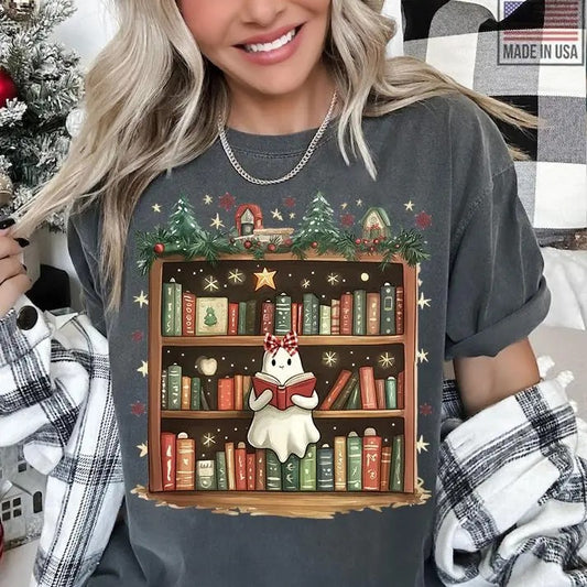 Christmas Ghost Book T-Shirt - Teacher All Booked for Christmas Sweatshirt, Book Lover Library Christmas Tree Clothing, Unisex Cotton Crewneck