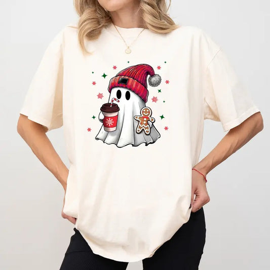Christmas Ghost Drinking Coffee Shirt Comfort Colors, Cute Christmas Boo with Gingerbread Tee, Coffee Ghost T-shirt, Xmas Holiday Gift Ideas for Girls, Casual Women's Tops, Comfy Cotton Womenswear