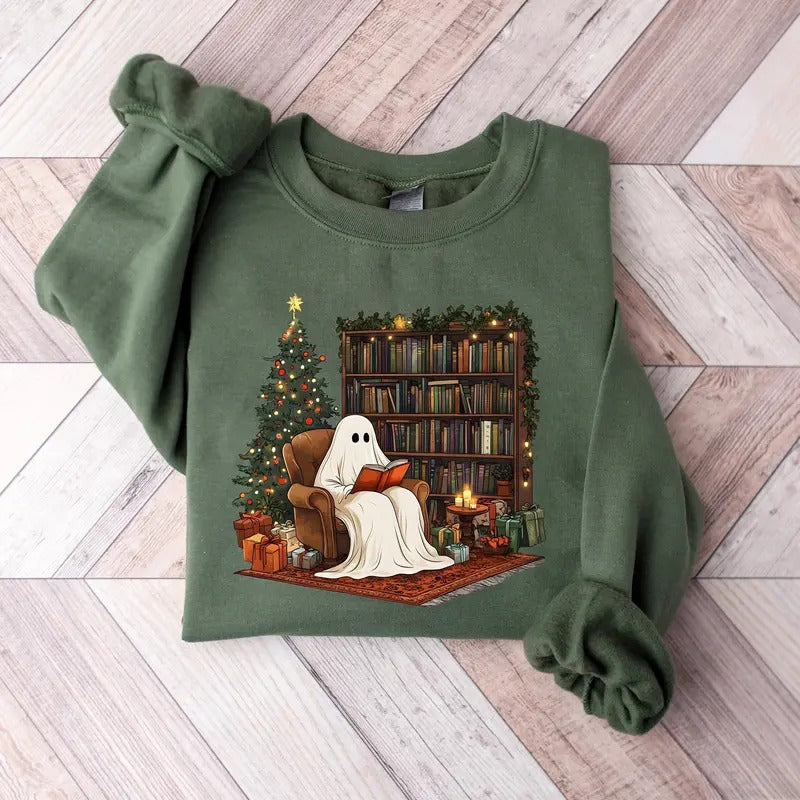 Christmas Ghost Reading Book Sweatshirt, Christmas Teacher Sweatshirt, Librarian Ghost Christmas Sweater, Retro Ghost Reading Books Sweatshirt, Christmas Shirt, Teacher Boo School Gift Shirt