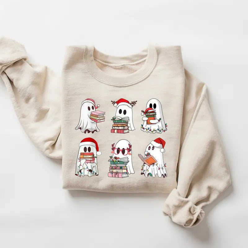 Christmas Ghost Reading Book Sweatshirt, Ghost Christmas Sweater, Cute Ghost Book Nerd Shirt, Librarian Xmas, Ghost Reading Books Sweatshirt, Winter Holiday Shirt, Christmas Bookish Bookworm Shirt, Ghost Shirt