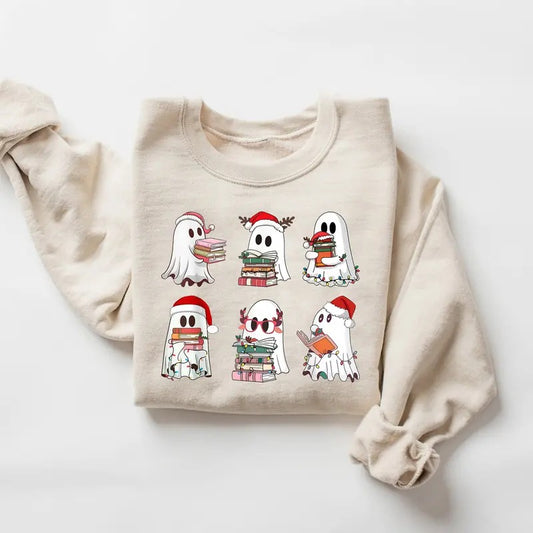 Christmas Ghost Reading Book Sweatshirt, Ghost Christmas Sweater, Cute Ghost Book Nerd Shirt, Librarian Xmas, Ghost Reading Books Sweatshirt, Winter Holiday Shirt, Christmas Bookish Bookworm Shirt, Ghost Shirt
