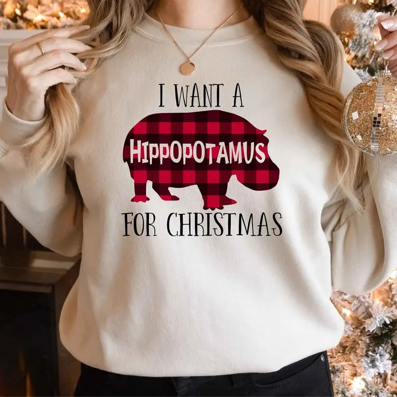 Christmas Hippopotamus Sweatshirt - Unisex Cotton Fabric, Classic Fit - Pullover Crewneck Womenswear