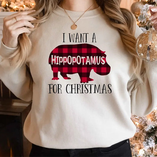 Christmas Hippopotamus Sweatshirt - Unisex Cotton Fabric, Classic Fit - Pullover Crewneck Womenswear