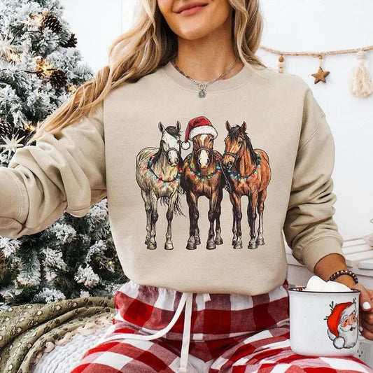 Christmas Horses Sweatshirt - Western Cowboy Christmas T-Shirt, Horse Lover Country Christmas Farm Animal Clothing, Unisex Cotton Crewneck