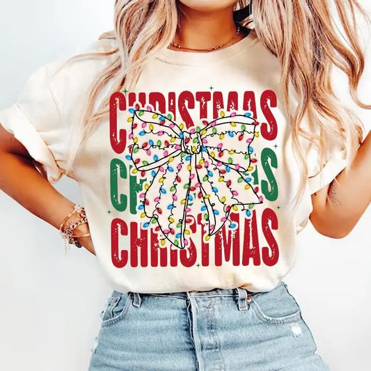 Christmas Light Bow Shirt, Christmas Coquette Bow Sweatshirt, Christmas Light, Xmas Coquette BowUnisex Cotton Shirt - Fit, Fabric