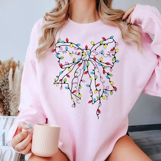Christmas Light Bow Sweatshirt, Coquette Christmas Bow Sweatshirt, Light Bow Christmas Sweater, Girly Bow Shirt, Xmas Coquette Bow Shirt, Winter Holiday Shirt, Women Girl Christmas Sweater, Xmas Christmas Gift Shirt