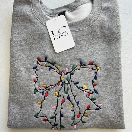 Christmas Lights Bow Embroidered Sweater | Festive Holiday Sweatshirt | Cozy Christmas Lights Sweater | Perfect for Holiday Parties | Unisex Holiday Apparel