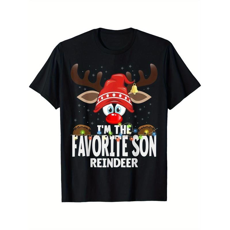 Christmas Matching I'm The Favorite Son Reindeer T-shirt Comfortable, Casual Short Sleeve, Daily Wear, All Season, Black, Men Made in USA