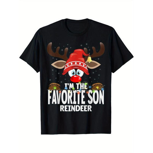 Christmas Matching I'm The Favorite Son Reindeer T-shirt Comfortable, Casual Short Sleeve, Daily Wear, All Season, Black, Men Made in USA