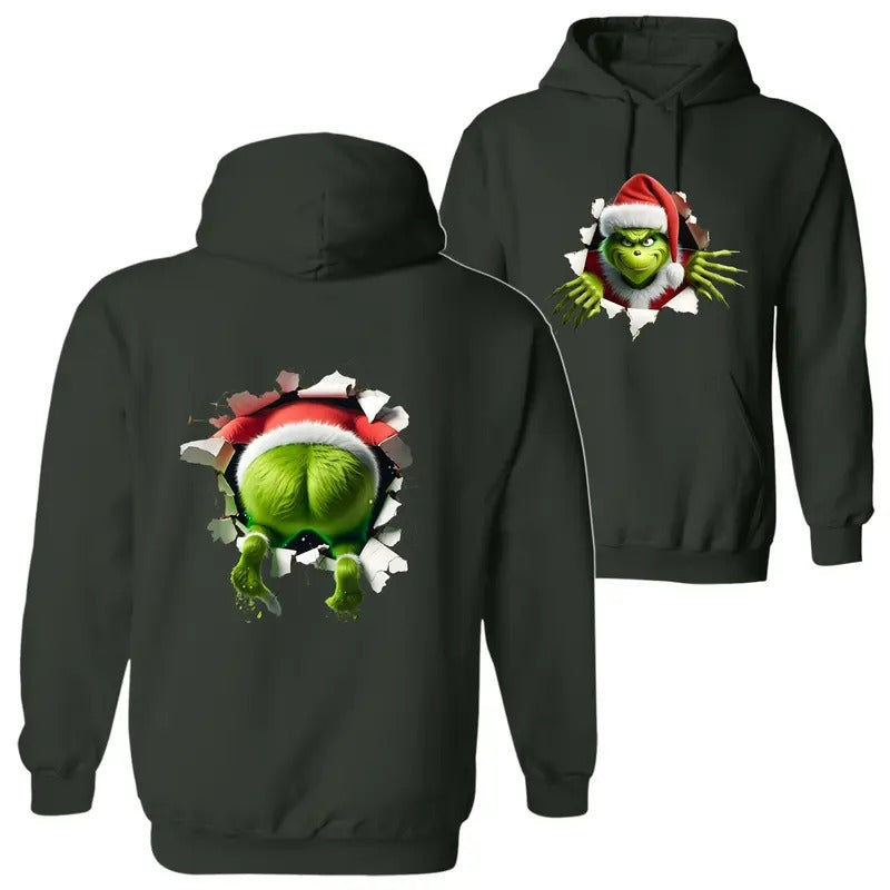 Christmas Movie Character Green Guy The Grin Through Hole Trendy Christmas Season 2 Sided Graphic Printed Unisex Classic Comfort Cotton Hoodie