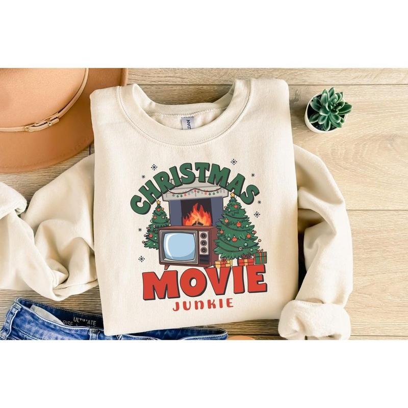 Christmas Movie Junkie Shirt, Funny Christmas Season Sweatshirt, Christmas Movie Lover Gift,Cute Xmas Gift, Tshirt for Christmas Season Tee