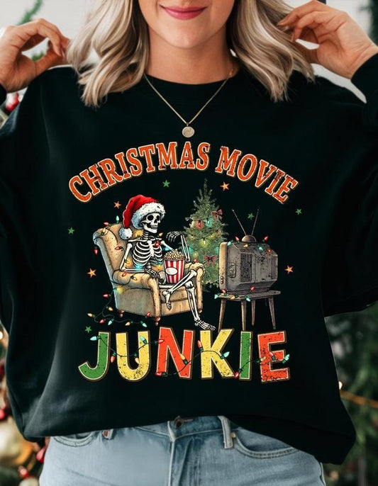 Christmas Movie Junkie Sweatshirt, Holiday TV Enthusiast Sweatshirt, Festive Skeleton Christmas Shirt Cozy Winter Top Xmas, Funny Sweater