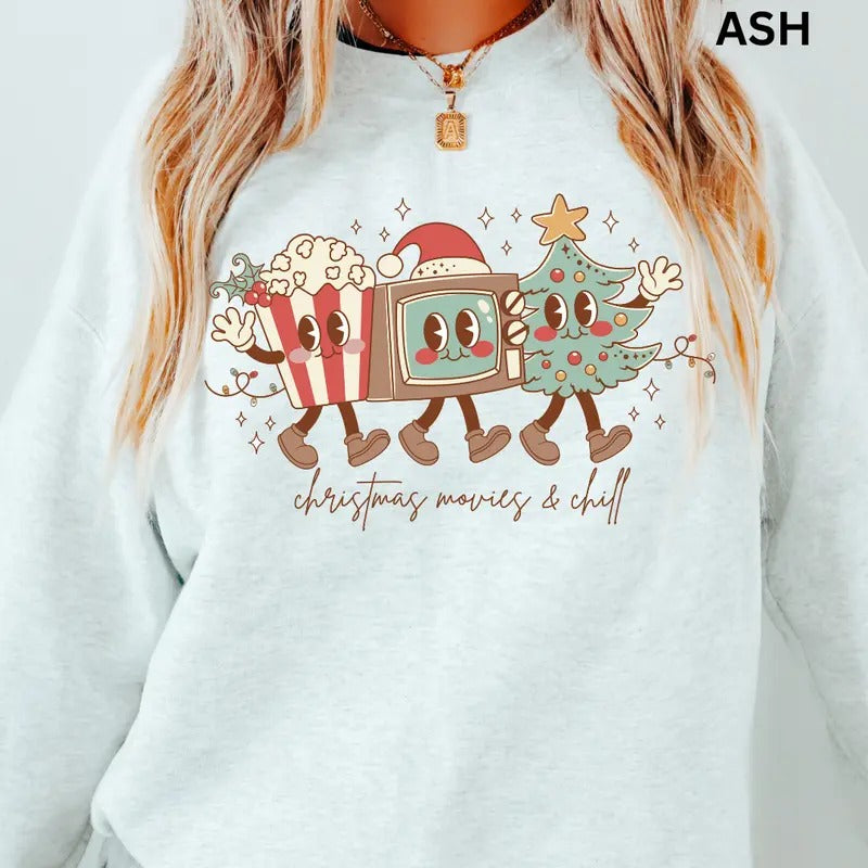 Christmas Movies and Chill Crewneck, Christmas Sweatshirt, Winter Season Graphic, Casual Cotton Crewneck, Polyester, Oversized