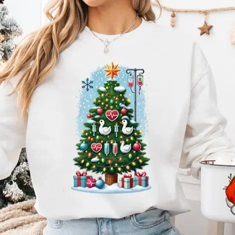 Christmas Nurse Sweatshirt: Festive Tree Design with Cute Silly Geese and Nurse-Themed Decorations, Merry Christmas Nurse, Nursing, Unisex Shirt