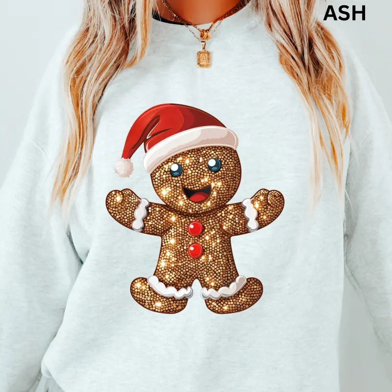 Christmas Sweatshirt, Glitter Faux Gingerbread Man Sweatshirt, Christmas Cookie Crewneck, Retro Casual Cotton Womenswear Pullover Pullover